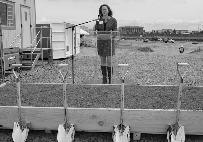 Elizabeth Billante speaking at the groundbreaking for Bay Meadows' Town Square.