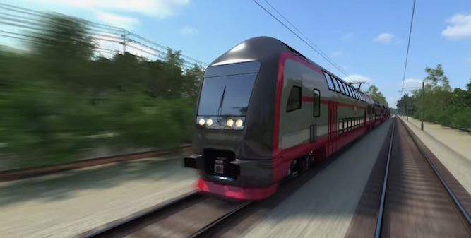 A rendering of an electrified Caltrain.