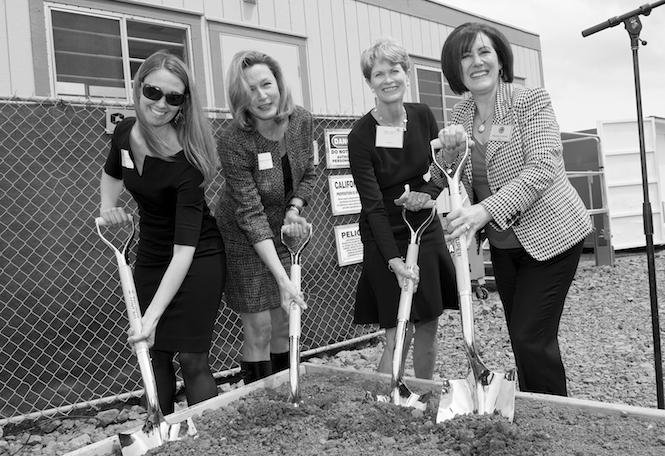 Bay Meadows' leaders Kim Havens, Elizabeth Billante and Janice Thacher break ground on the Town Square with San Mateo Mayor Maureen Freschet.