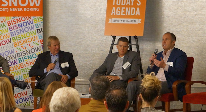 Chris Meany (right), principal of Bay Meadows' developer Wilson Meany, at Bisnow panel