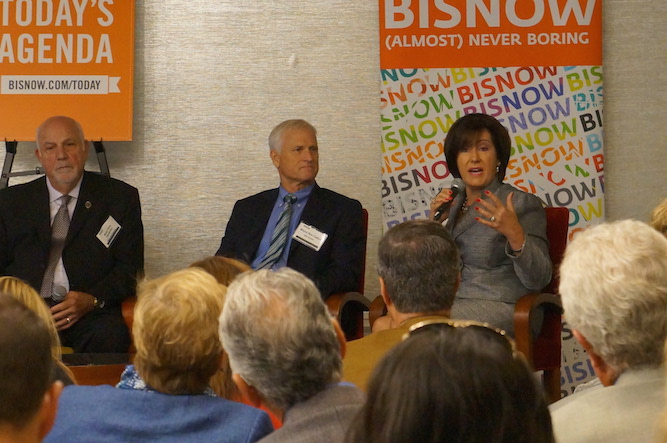 San Mateo Mayor Maureen Freschet discusses growth issues at Bisnow panel.